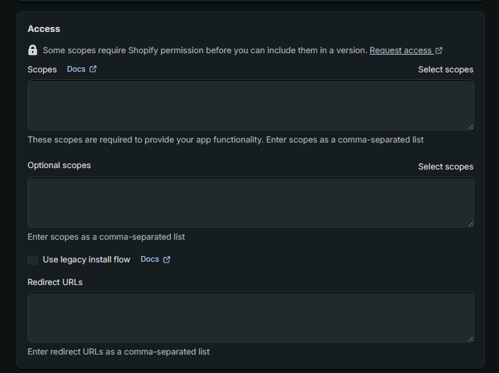 Access section with scopes fields